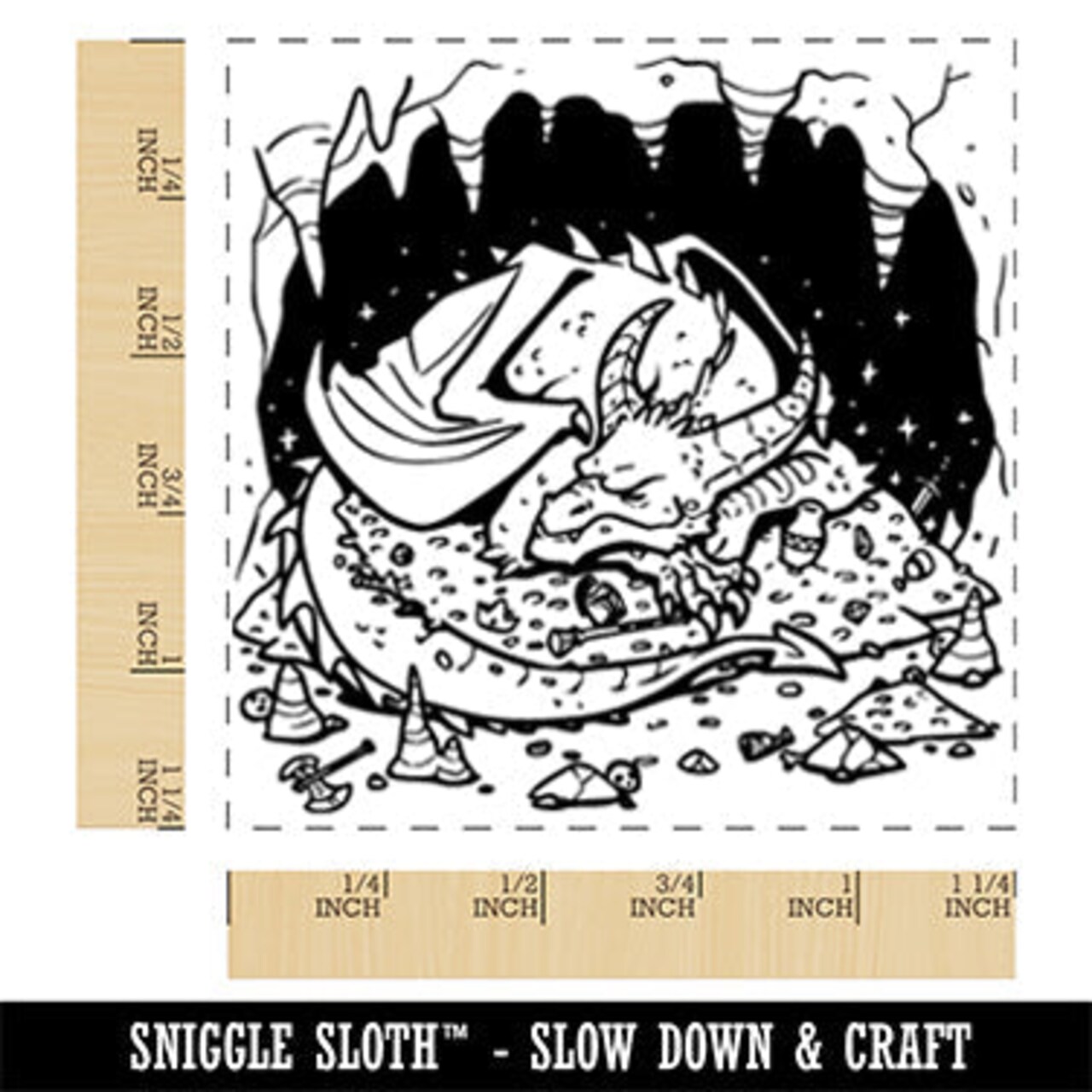 Dragon in Cave Dungeon with Treasure Square Rubber Stamp for Stamping Crafting